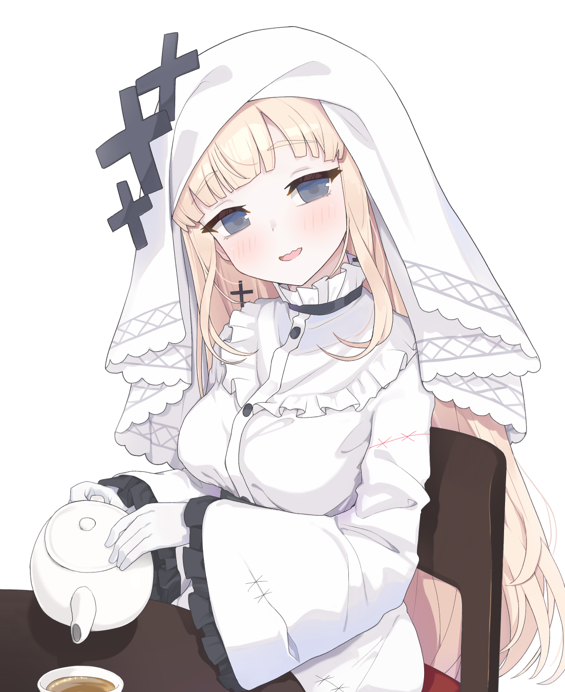 aku oribi, hikami meruru, mahou shoujo no majo saiban, commentary, english commentary, highres, mixed-language commentary, 1girl, black eyes, blonde hair, blush, breasts, cross, cross earrings, cup, dress, earrings, gloves, holding, holding teapot, jewelry, large breasts, long hair, long sleeves, looking at viewer, nun, open mouth, simple background, sitting, smile, solo, teacup, teapot, veil, white background, white dress, white gloves, white veil