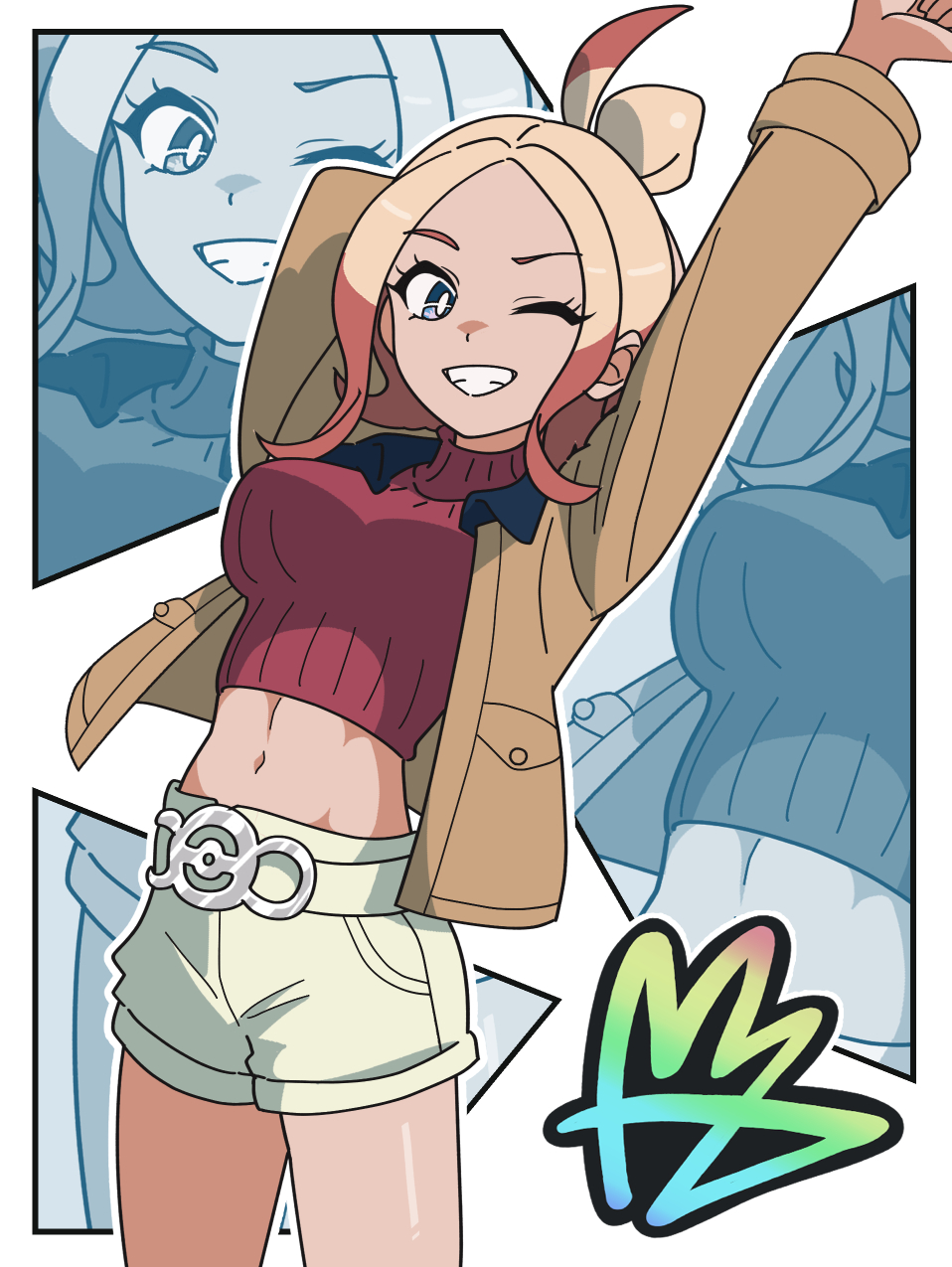 kanbei (pixiv11037490), taunie (pokemon), nintendo, pokemon, pokemon legends: z-a, highres, 1girl, arms up, belt, blonde hair, blue eyes, brown jacket, cropped sweater, gradient hair, grin, jacket, looking at viewer, midriff, multicolored hair, navel, one eye closed, red sweater, short shorts, shorts, smile, solo, sweater, white belt, white shorts, zoom layer