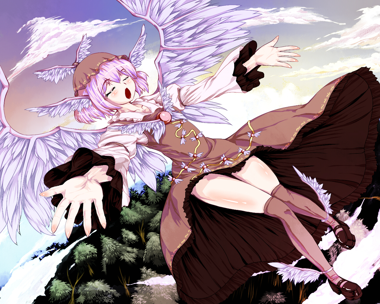 sakimori dan, mystia lorelei, touhou, 1girl, animal ears, cloud, female focus, full body, hat, kneehighs, legs, outdoors, pink hair, plant, ribbon, short hair, sky, socks, solo, thighhighs, tree, wings