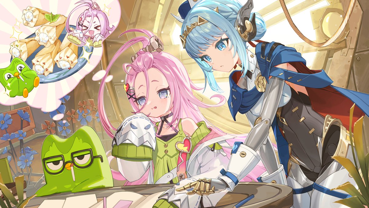 yu-ri (arium047), aino (genshin impact), duo (duolingo), ineffa (genshin impact), duolingo, genshin impact, 2girls, android, blue eyes, blue hair, closed mouth, forehead, jacket, joints, long sleeves, multiple girls, open clothes, open jacket, pink hair, robot ears, robot joints, speech bubble, thought bubble, tongue, tongue out, white jacket