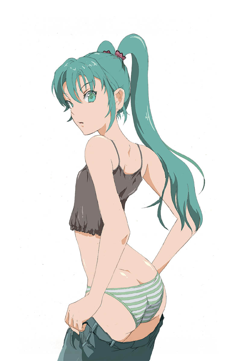 shiika sadamasa, hatsune miku, vocaloid, bad id, bad pixiv id, highres, 1girl, ass, back, butt crack, camisole, clothes pull, denim, dressing, female focus, flat chest, green eyes, green hair, green panties, jeans, long hair, looking back, matching hair/eyes, midriff, panties, pants, pants pull, pantyshot, pulling own clothes, solo, standing, striped clothes, striped panties, twintails, underwear, undressing, very long hair
