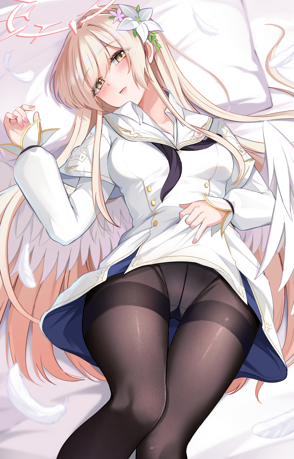konka, nagisa (blue archive), blue archive, highres, 1girl, black panties, black pantyhose, brown hair, closed mouth, dress, flower, hair flower, hair ornament, halo, indoors, long hair, long sleeves, looking at viewer, low wings, lying, panties, pantyhose, solo, thighband pantyhose, underwear, very long hair, white dress, white flower, white wings, wings, yellow eyes