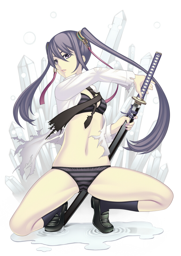 terumii, original, bad id, bad pixiv id, 1girl, black hair, bra, female focus, fighting stance, hair ornament, katana, lingerie, loafers, long hair, necktie, no pants, open clothes, open shirt, panties, puddle, purple eyes, purple hair, ready to draw, sheath, sheathed, shirt, shoes, solo, striped bra, striped clothes, striped panties, sword, torn clothes, twintails, underwear, underwear only, weapon
