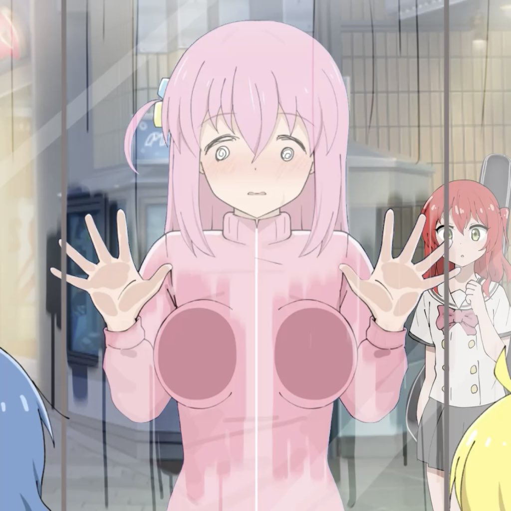 poa mellhen, gotoh hitori, ijichi nijika, kita ikuyo, yamada ryo, bocchi the rock!, 4girls, @ @, against glass, ahoge, blonde hair, blue eyes, blue hair, blush, bow, bowtie, breast press, breasts, building, cube hair ornament, grey skirt, guitar case, hair bobbles, hair ornament, instrument case, jacket, large breasts, long hair, long sleeves, looking at another, looking at viewer, multiple girls, open mouth, pink hair, pink jacket, red bow, red bowtie, red hair, reflection, school uniform, shirt, short sleeves, side ponytail, skirt, standing, track jacket, white shirt, window, yellow eyes