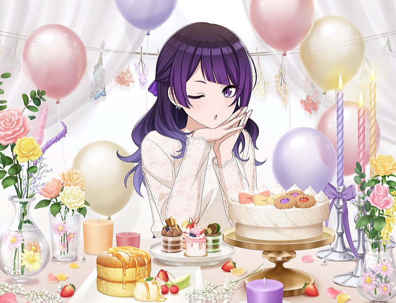 tanaka mamimi, idolmaster, idolmaster shiny colors, official art, 1girl, balloon, cake, candle, cherry, cup, earrings, fire, flower, food, fruit, jewelry, leaf, multicolored hair, one eye closed, open mouth, plate, purple eyes, purple hair, see-through clothes, see-through sleeves, solo, strawberry, table, vase