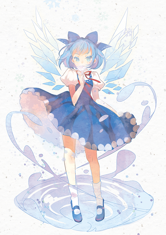 domotolain, cirno, touhou, 1girl, blue eyes, blue hair, bow, clothes lift, colored eyelashes, dress, eyelashes, female focus, flower, hair bow, hydrokinesis, looking at viewer, mary janes, matching hair/eyes, necktie, red necktie, ribbon, shoes, short hair, short sleeves, skirt, skirt lift, smirk, snowflakes, socks, solo, water, white socks, wind, wings