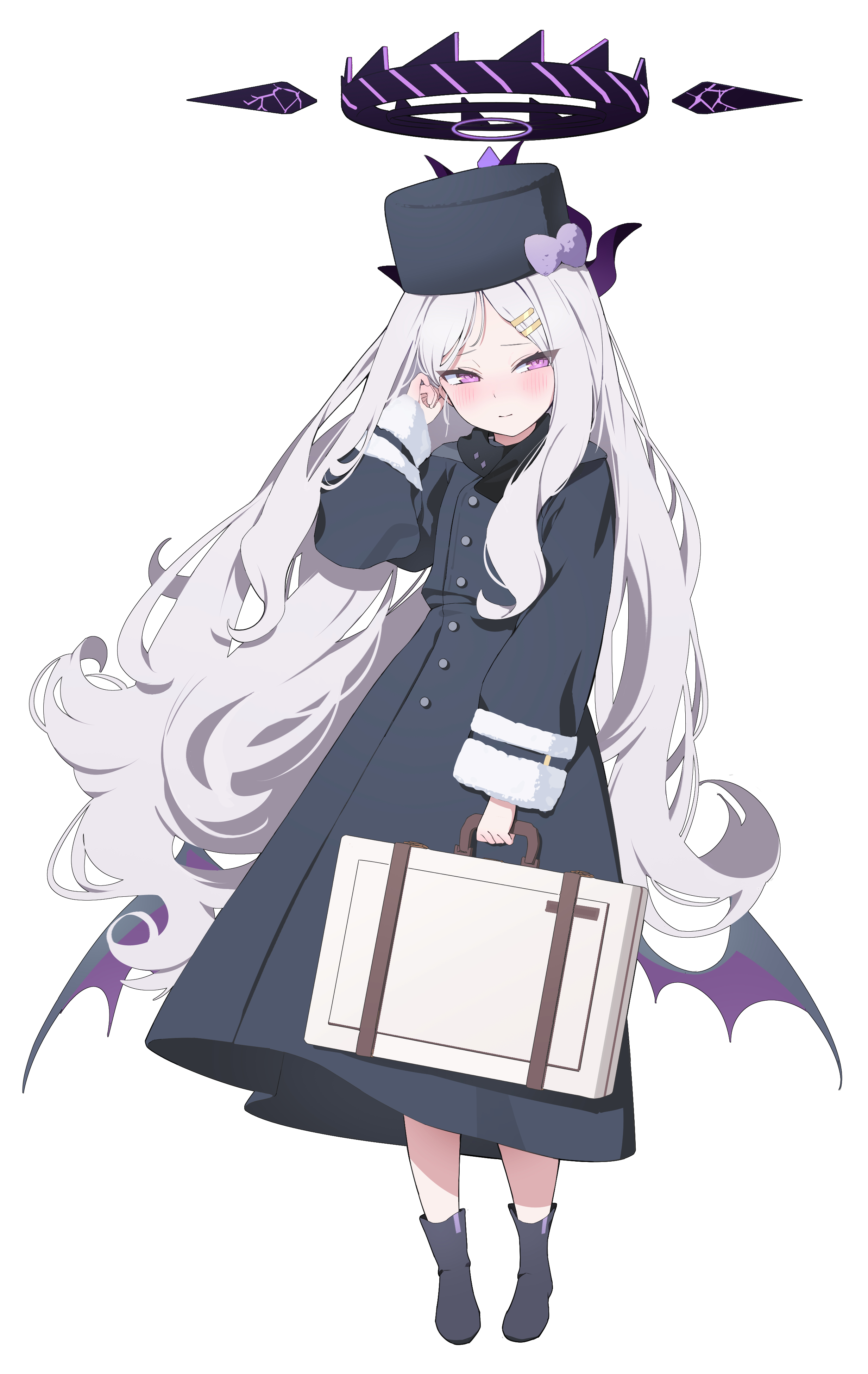 tanghulu (bbbb1123112), hina (blue archive), blue archive, absurdres, highres, adjusting hair, alternate costume, black boots, black coat, black halo, black scarf, blush, boots, coat, demon girl, demon horns, demon wings, forehead, full body, halo, hat, horns, multicolored halo, parted bangs, purple eyes, rolling suitcase, scarf, standing, suitcase, two-tone halo, wavy hair, white background, white hair, wings, winter clothes, winter coat