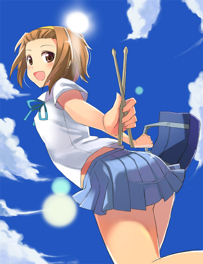 nishikawa ari, tainaka ritsu, k-on!, 00s, 1girl, brown eyes, brown hair, drumsticks, female focus, looking back, open mouth, outdoors, school uniform, skirt, sky, smile, solo