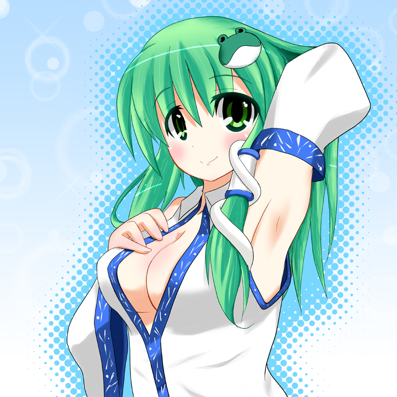 yokoshima (euphoria), kochiya sanae, touhou, 1girl, armpits, arms up, breasts, cleavage, detached sleeves, female focus, frog, gradient background, green eyes, green hair, hair ornament, halftone, halftone background, japanese clothes, matching hair/eyes, miko, snake, solo, upper body
