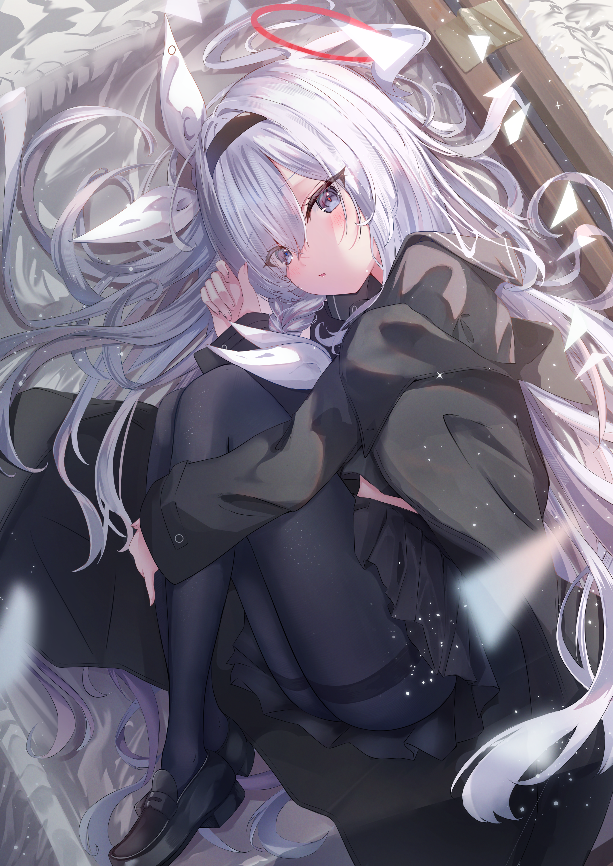 mashilon, plana (blue archive), blue archive, absurdres, commentary, highres, textless version, 1girl, black coat, black eyes, black hairband, black pantyhose, black serafuku, black shoes, black skirt, blush, bow, box, braid, coat, colored inner hair, dutch angle, eyes visible through hair, full body, hair bow, hair over one eye, hair spread out, hairband, halo, hugging own legs, in box, in container, knees up, long hair, long sleeves, looking at viewer, lying, midriff peek, miniskirt, multicolored hair, neckerchief, on side, open clothes, open coat, pantyhose, parted lips, pink halo, pink pupils, pleated skirt, red halo, red pupils, ribbon, school uniform, serafuku, shoes, single braid, skirt, solo, thighband pantyhose, thighs, very long hair, white bow, white hair, white neckerchief, white ribbon, wide sleeves