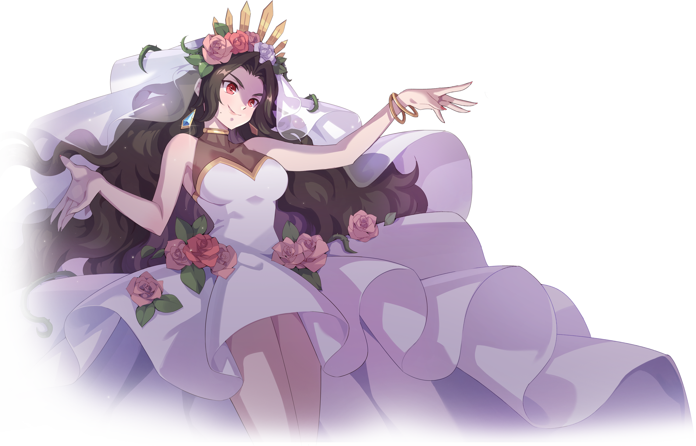 nexon, tales weaver, gold collar, alpha transparency, artist request, character request, highres, official art, second-party source, 1girl, bare arms, bare shoulders, blue gemstone, bracelet, breasts, closed mouth, cropped legs, curtained hair, dress, dress flower, earrings, flower, gem, gold bracelet, gold tiara, hair flower, hair ornament, jewelry, large breasts, leaf, lips, long hair, narrow waist, open hands, pink flower, pink rose, plant, red eyes, rose, see-through clothes, see-through veil, simple background, smile, solo, tiara, transparent background, v-shaped eyebrows, veil, very long hair, vines, wavy hair, wedding dress, white dress, white flower, white rose, white veil