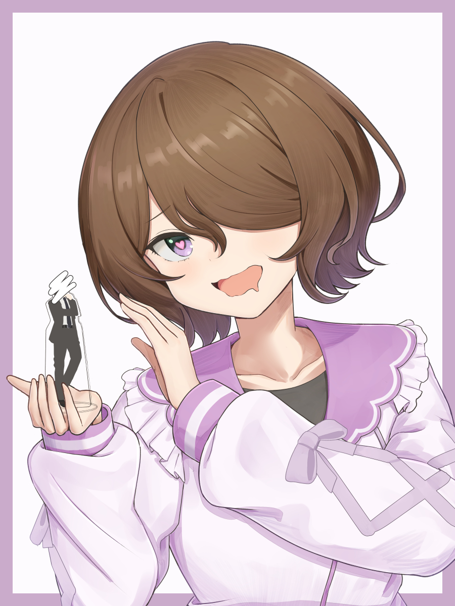 kodoneri (user quk1118), komurasaki momoka, laugh diamond, shine post, highres, 1girl, acrylic stand (object), black shirt, border, brown hair, drooling, hair over one eye, heart, heart in eye, holding, jacket, mouth drool, obscured, open mouth, outside border, purple border, purple eyes, purple jacket, shirt, short hair, solo, symbol in eye, upper body