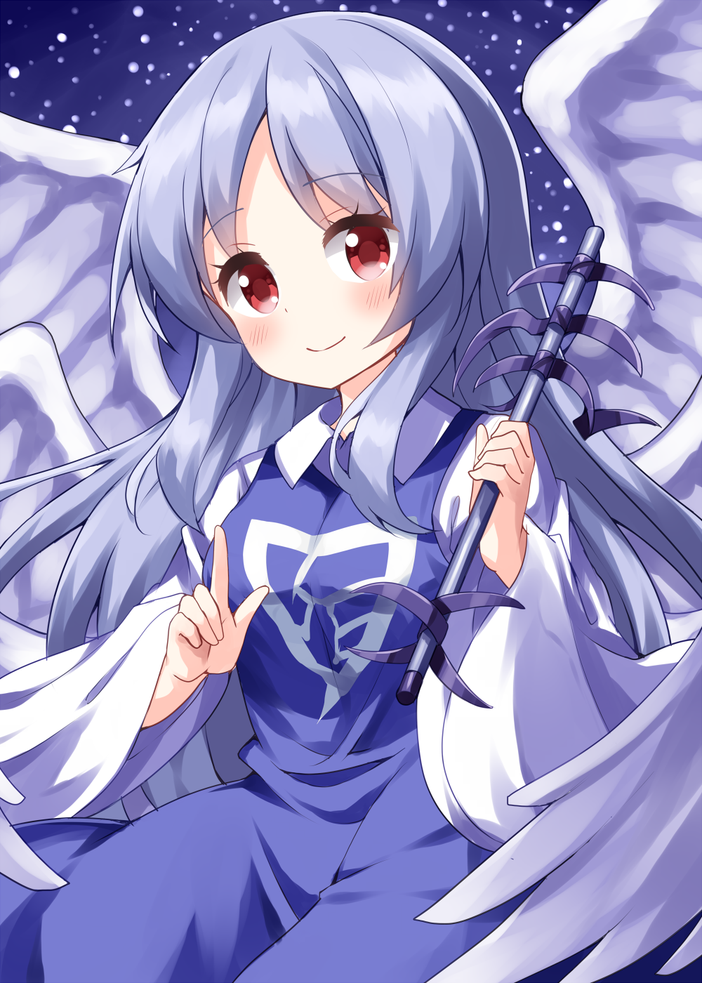 ruu (tksymkw), sariel (touhou), touhou, touhou (pc-98), commentary, highres, 1girl, angel, angel wings, blue dress, blue hair, blue theme, blush, breasts, collared shirt, dress, eyelashes, genderswap, genderswap (otf), long hair, long sleeves, multiple wings, one-hour drawing challenge, pointing, red eyes, shirt, small breasts, smile, upper body, very long hair, wand, white shirt, wide sleeves, wings