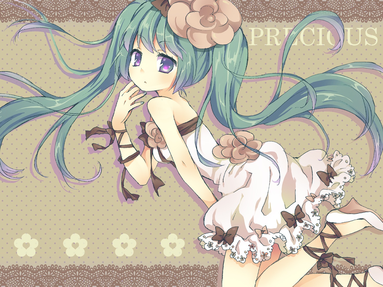 maki (natoriumu), hatsune miku, vocaloid, bad id, bad pixiv id, highres, 1girl, aqua eyes, arm ribbon, bare shoulders, dress, female focus, flower, green hair, hair flower, hair ornament, leg ribbon, long hair, multicolored eyes, purple eyes, ribbon, simple background, solo, twintails, very long hair