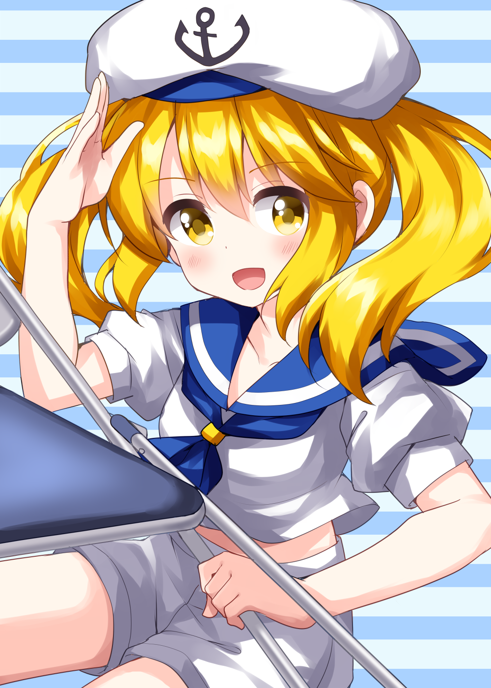 ruu (tksymkw), kitashirakawa chiyuri, touhou, touhou (pc-98), commentary request, highres, 1girl, :d, anchor symbol, blonde hair, blue neckerchief, blue sailor collar, blush, breasts, chair, folding chair, happy, hat, holding chair, medium hair, midriff, neckerchief, one-hour drawing challenge, open mouth, puffy short sleeves, puffy sleeves, sailor, sailor collar, sailor hat, sailor shirt, salute, shirt, short sleeves, shorts, small breasts, smile, solo, twintails, white hat, white shirt, white shorts, yellow eyes