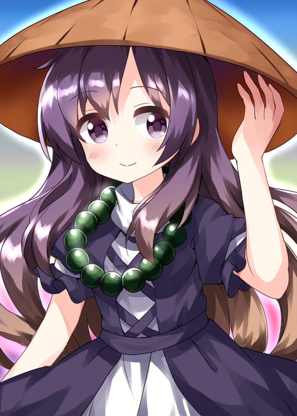 ruu (tksymkw), hijiri byakuren, touhou, commentary, highres, 1girl, arm up, belt, black belt, black dress, black sleeves, blue background, blush, breasts, brown hair, brown hat, closed mouth, dress, gradient background, gradient hair, green background, hair between eyes, hand on headwear, hand up, hat, jewelry, long hair, looking to the side, medium breasts, multicolored hair, necklace, one-hour drawing challenge, pink background, purple background, purple eyes, purple hair, short sleeves, smile, solo, white dress
