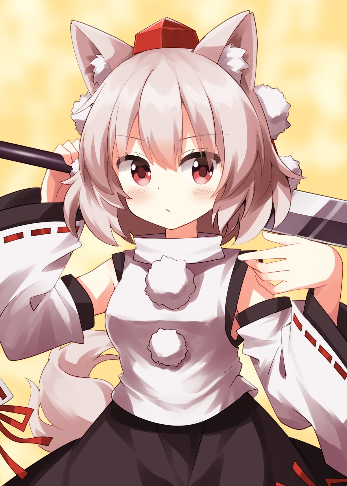 ruu (tksymkw), inubashiri momiji, touhou, commentary request, highres, 1girl, animal ear fluff, animal ears, bare shoulders, black skirt, blush, closed mouth, cowboy shot, detached sleeves, grey hair, hands up, hat, looking at viewer, pom pom (clothes), red eyes, red hat, ribbon-trimmed sleeves, ribbon trim, shirt, short hair, skirt, sleeveless, sleeveless shirt, solo, tail, tokin hat, turtleneck, turtleneck shirt, white shirt, white sleeves, wide sleeves, wolf ears, wolf girl, wolf tail