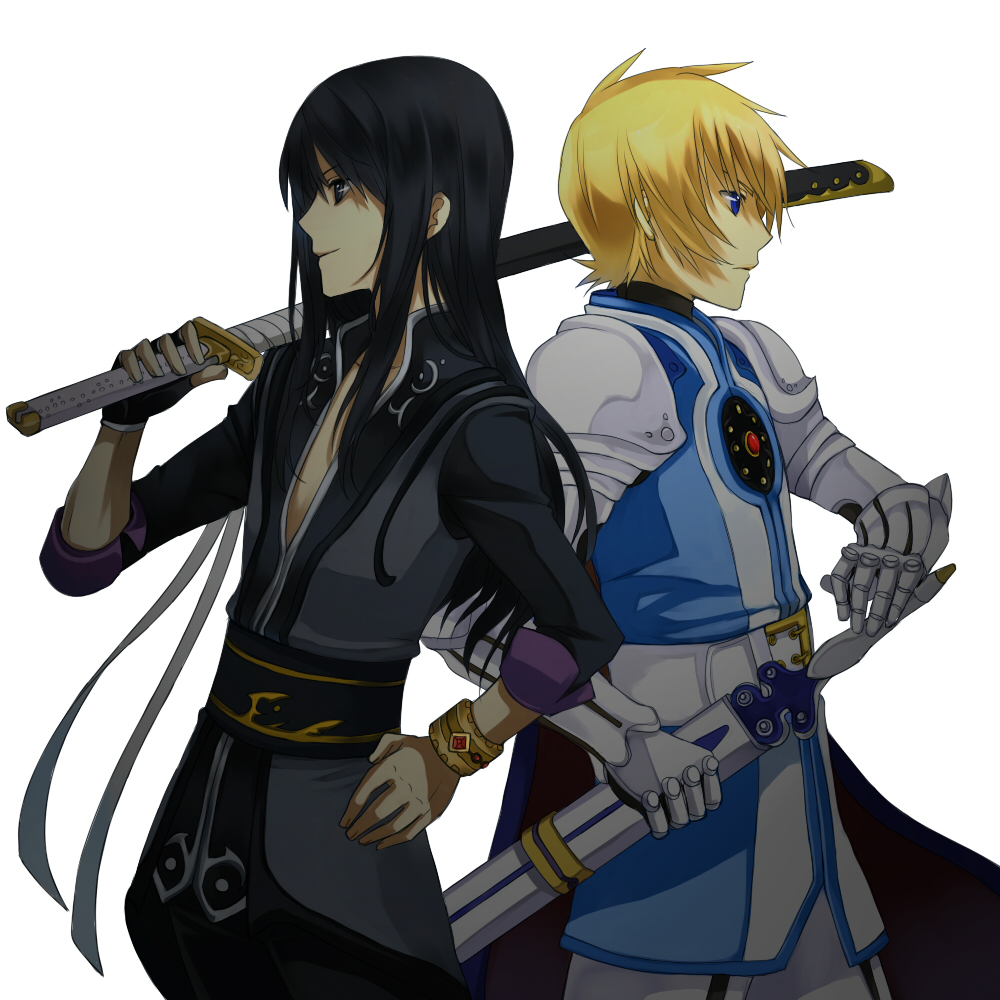 nanamura, flynn scifo, yuri lowell, tales of (series), tales of vesperia, 00s, 2boys, armor, black eyes, black hair, blonde hair, blue eyes, bracelet, fighting stance, jewelry, long hair, male focus, multiple boys, over shoulder, ready to draw, red eyes, sheath, sheathed, simple background, sleeves rolled up, smile, sword, weapon, weapon over shoulder, white background