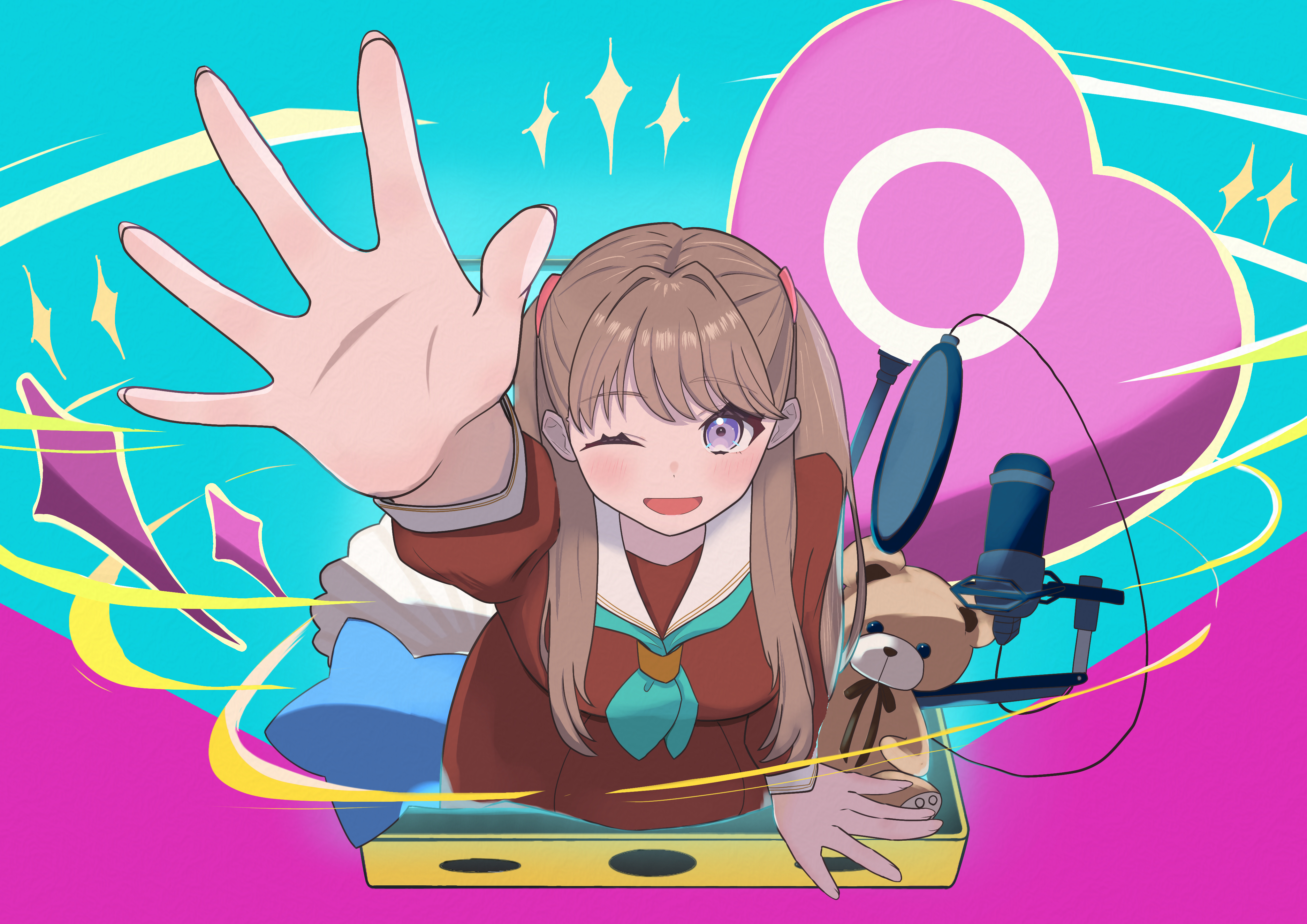 fujishima megumi, link! like! love live!, love live!, absurdres, commentary request, highres, 1girl, ;d, aqua neckerchief, arm up, breasts, brown dress, dress, foreshortening, hasu no sora school uniform, hasutousan, heart, hellomegu!, large breasts, long sleeves, looking at viewer, microphone, neckerchief, one eye closed, open hand, open mouth, pop filter, purple eyes, sailor collar, sailor dress, school uniform, smile, solo, sparkle, stuffed animal, stuffed toy, teddy bear, virtual youtuber, white sailor collar, winter uniform