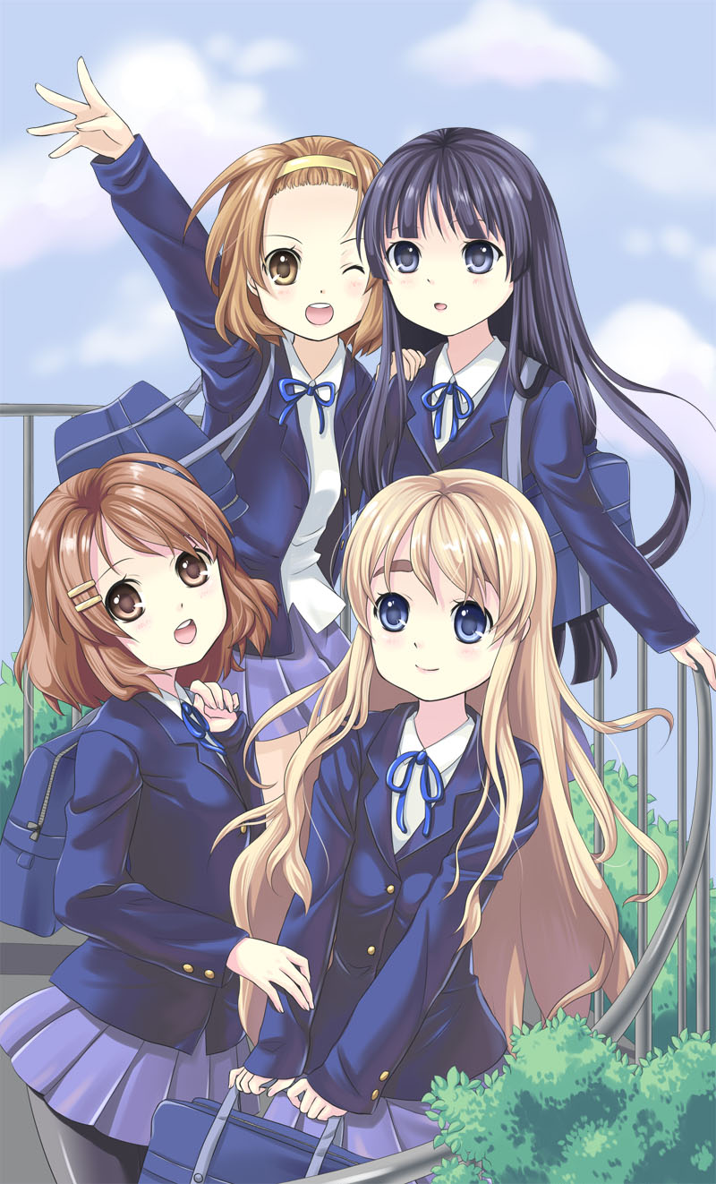 unya (unya-unya), akiyama mio, hirasawa yui, kotobuki tsumugi, tainaka ritsu, k-on!, bad id, bad pixiv id, highres, 00s, 4girls, bag, black eyes, black hair, blonde hair, blue eyes, brown eyes, brown hair, ho-kago tea time, long hair, multiple girls, outdoors, pantyhose, sakuragaoka high school uniform, school uniform, short hair, standing, waving