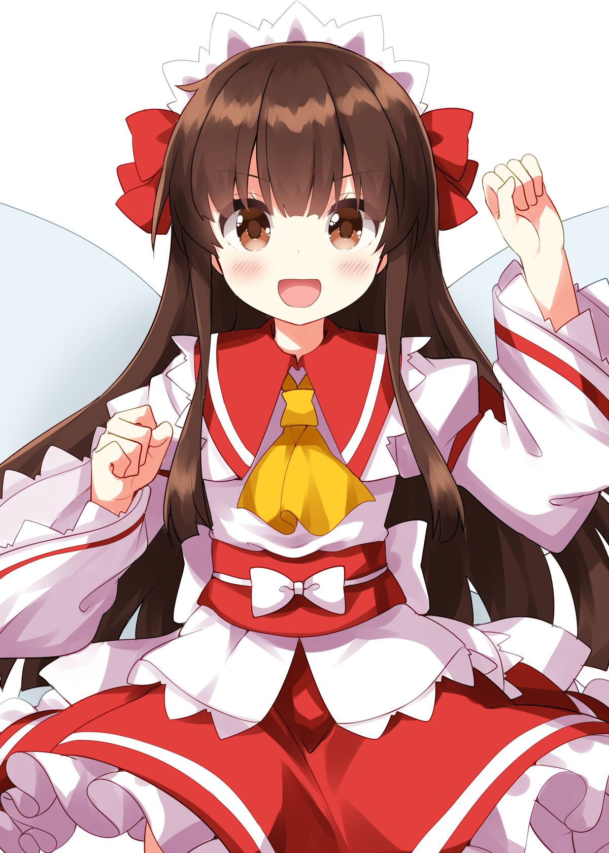 ruu (tksymkw), star sapphire, sunny milk, touhou, commentary request, highres, 1girl, :d, ascot, blush, bow, brown eyes, brown hair, cosplay, cowboy shot, dress, fairy wings, frilled dress, frills, hair bow, hand up, long hair, long sleeves, open mouth, red bow, red dress, simple background, smile, solo, sunny milk (cosplay), white background, white headdress, wide sleeves, wings, yellow ascot