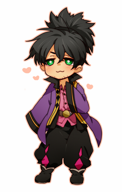chanko neru, raven (tales), tales of (series), tales of vesperia, 00s, 1boy, :3, black hair, chibi, green eyes, male focus, ponytail, smile, solo, white background