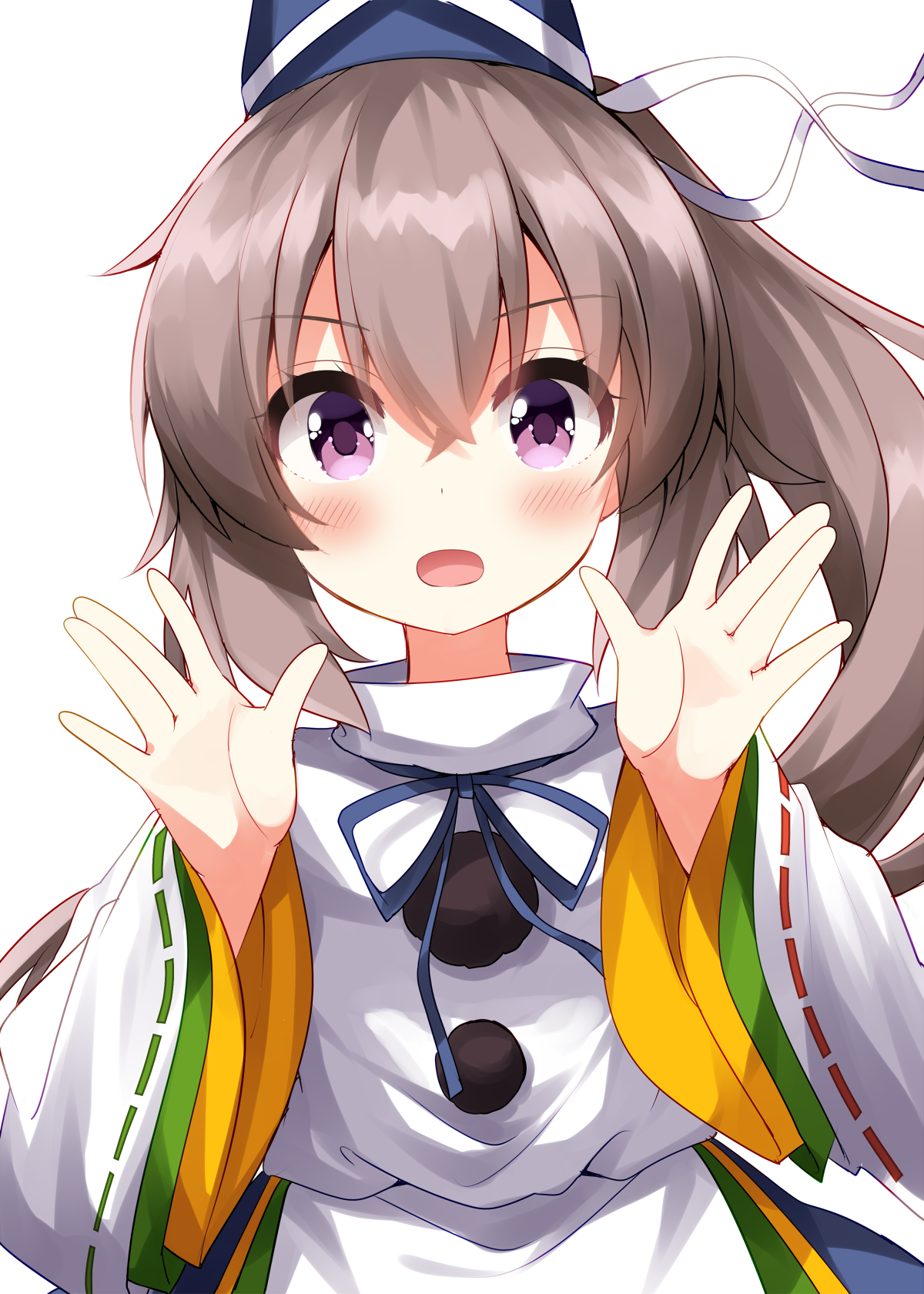 ruu (tksymkw), mononobe no futo, touhou, commentary request, highres, 1girl, blue hat, blush, grey hair, hair between eyes, hat, japanese clothes, kariginu, long hair, long sleeves, looking at viewer, open mouth, pom pom (clothes), ponytail, purple eyes, ribbon-trimmed sleeves, ribbon trim, simple background, solo, tate eboshi, upper body, white background, wide sleeves