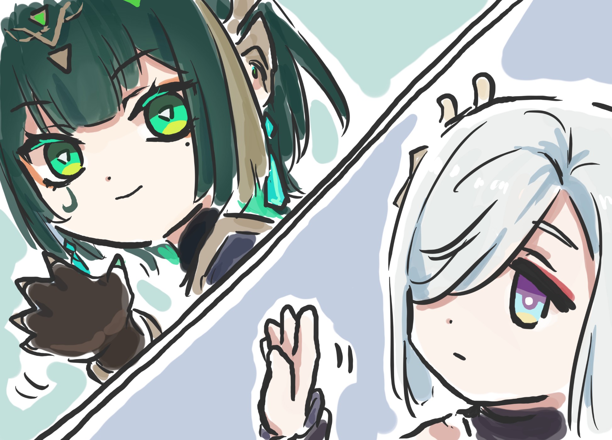 xinzoruo, nefer (genshin impact), shenhe (genshin impact), genshin impact, commentary, english commentary, highres, 2girls, blue eyes, closed mouth, green hair, hair ornament, hair over one eye, mole, mole under eye, multiple girls, one eye covered, smile, symbol-shaped pupils, triangle-shaped pupils, waving, white hair