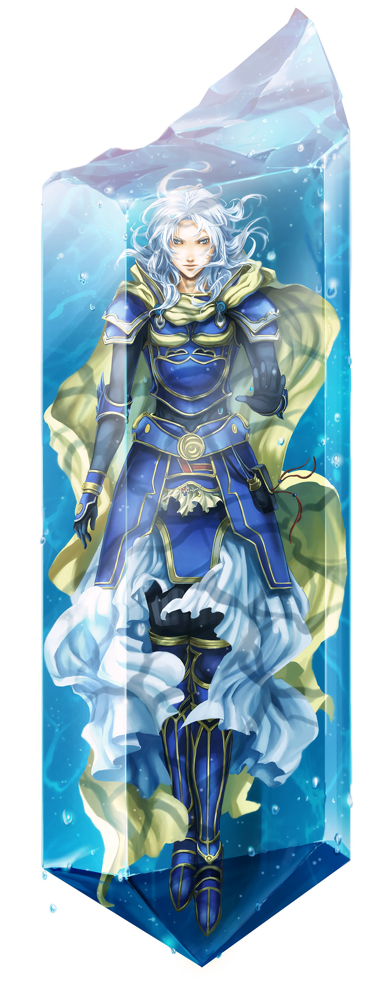 sano (yoziro), warrior of light (ff1), dissidia final fantasy, final fantasy, final fantasy i, silver hair, bad id, bad pixiv id, highres, 1boy, against glass, armor, blue eyes, cape, crystal, long hair, male focus, solo, water