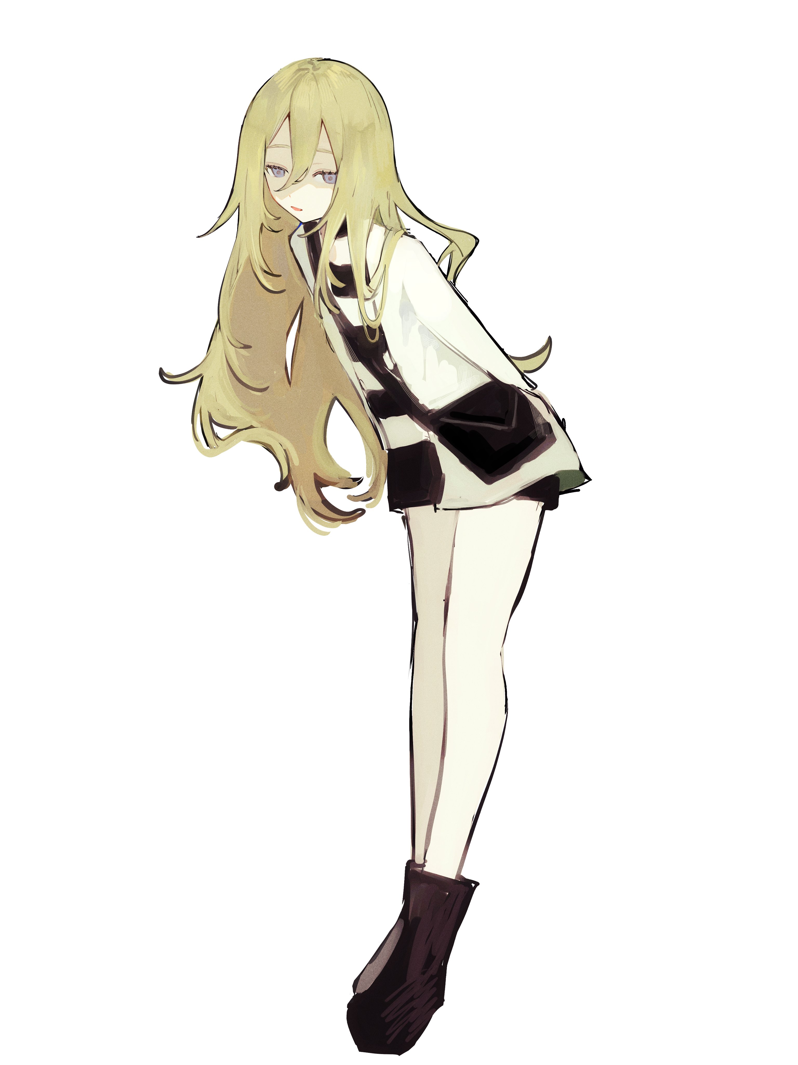 toke ino, rachel gardner, satsuriku no tenshi, absurdres, highres, 1girl, arms behind back, blonde hair, blue eyes, boots, hair between eyes, jacket, long hair, long sleeves, looking at viewer, open clothes, open jacket, shirt, shorts, solo, striped clothes, striped shirt, white background, white jacket