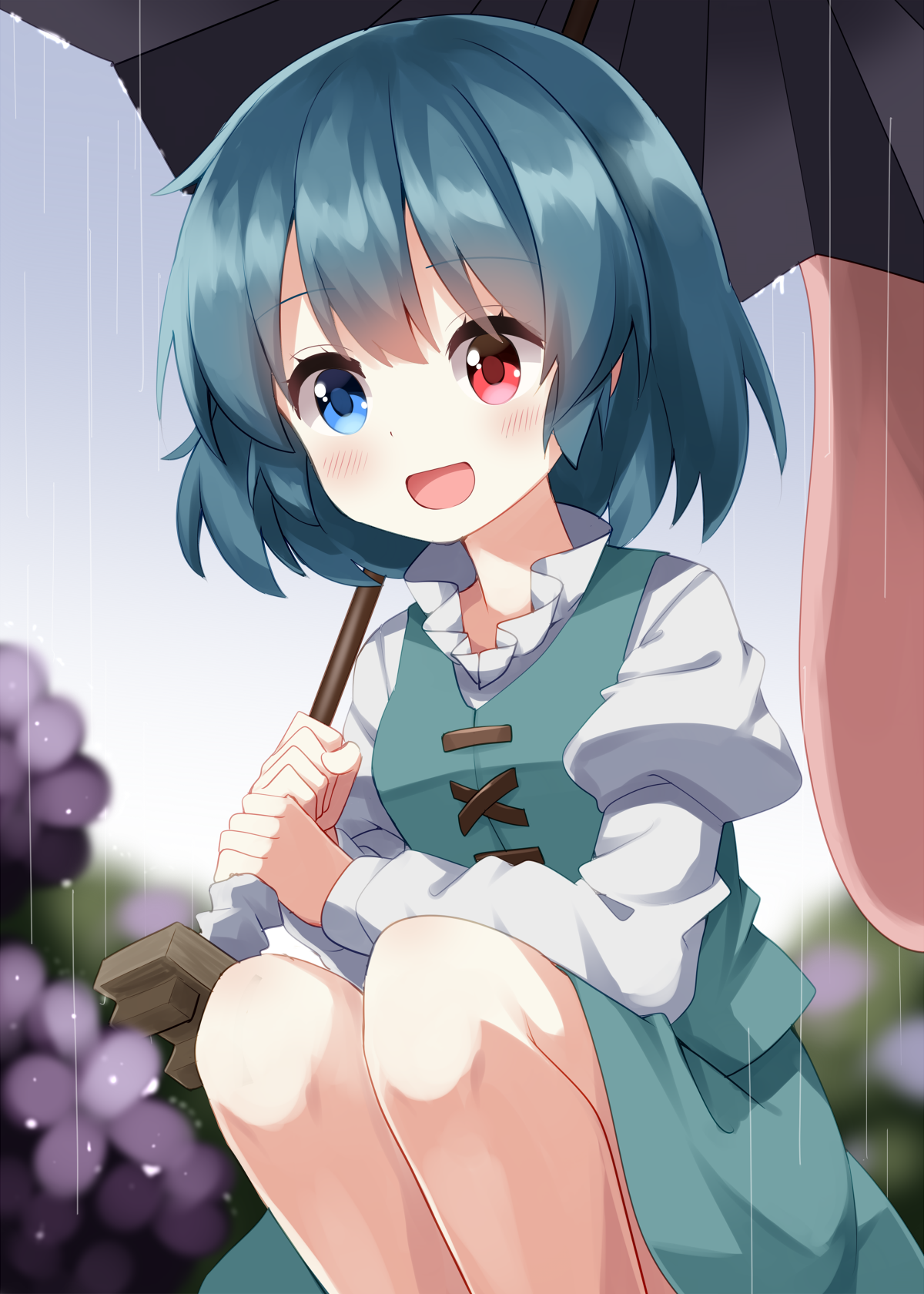 ruu (tksymkw), tatara kogasa, touhou, commentary request, highres, 1girl, :d, blue eyes, blue hair, blue skirt, blue vest, blush, feet out of frame, flower, heterochromia, holding, holding umbrella, hydrangea, juliet sleeves, karakasa obake, long sleeves, open mouth, outdoors, puffy sleeves, purple flower, purple umbrella, rain, red eyes, shirt, short hair, skirt, smile, solo, squatting, umbrella, vest, white shirt