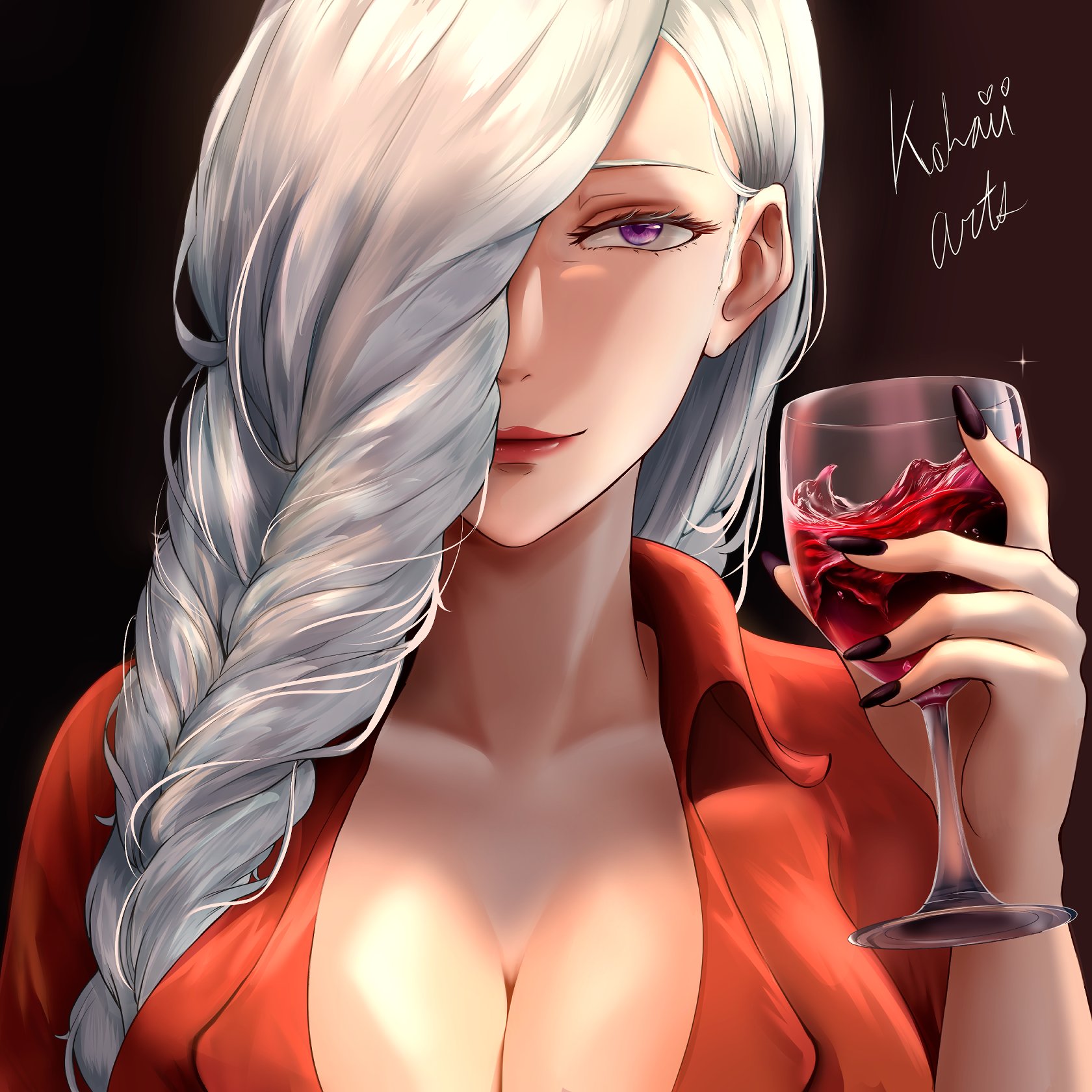 mei mei (jujutsu kaisen), jujutsu kaisen, commission, highres, vgen commission, 1girl, alcohol, black nails, braid, braided bangs, braided ponytail, breasts, cowboy shot, cup, drinking glass, hair over face, hair over one eye, kohaii arts, long hair, one eye covered, solo, white hair, wine, wine glass