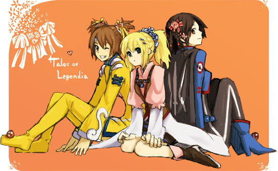 amino-san, chloe valens, norma beatty, shirley fennes, tales of (series), tales of legendia, 3girls, alternate hairstyle, black hair, blonde hair, blue eyes, bob cut, bodysuit, brown hair, cape, copyright name, grin, hair ornament, multiple girls, one eye closed, orange background, ponytail, short hair, skirt, smile, twintails, wink, yellow skirt