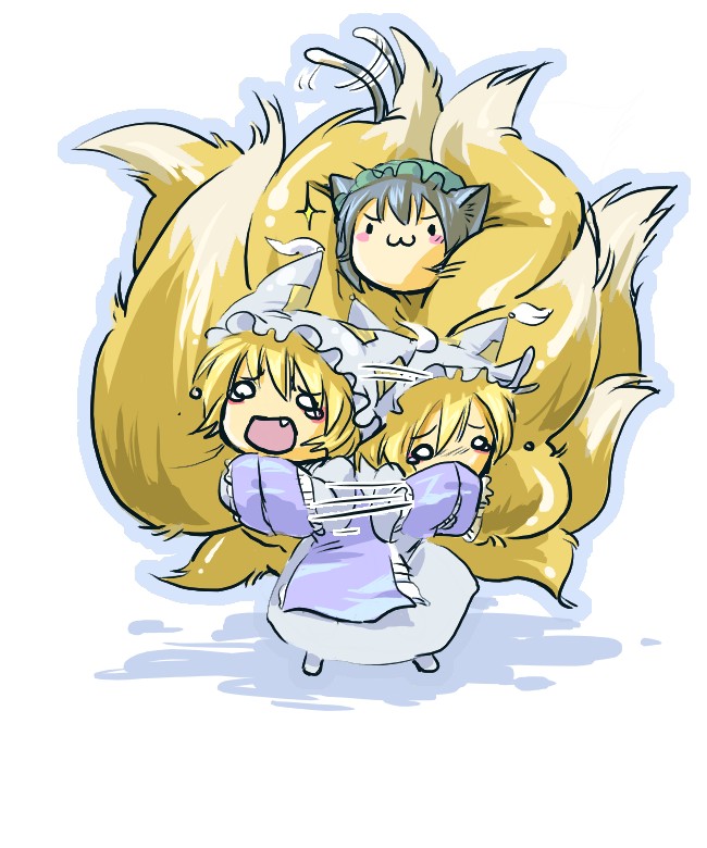 makarori, chen, yakumo ran, touhou, 2girls, :3, animal ears, animal hat, blush, cat ears, cat girl, cat tail, chibi, fang, female focus, fox tail, hands in opposite sleeves, hat, hiding, hugging own tail, hugging tail, long sleeves, mob cap, multiple girls, multiple tails, open mouth, short hair, tail, tassel, tears, white background, wide sleeves