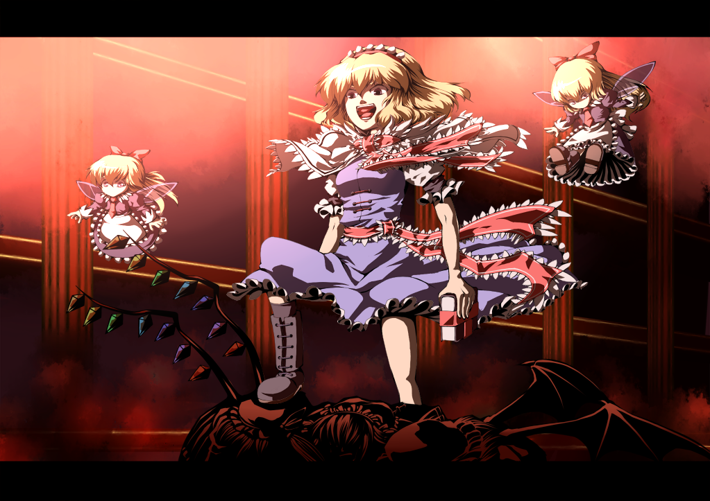 sakimori dan, alice margatroid, flandre scarlet, izayoi sakuya, remilia scarlet, shanghai doll, touhou, 4girls, bat wings, blonde hair, book, doll, dress, female focus, hairband, hat, indoors, long hair, multiple girls, short hair, wings