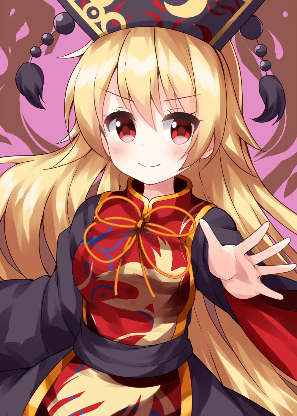ruu (tksymkw), junko (touhou), touhou, commentary request, highres, 1girl, arm up, belt, black belt, black dress, black hat, blonde hair, blush, bow, bowtie, breasts, brown background, chinese clothes, closed mouth, crescent, dalachi (headdress), dress, energy, eyes visible through hair, fox print, fox tail, gold trim, hair between eyes, hand up, hat, long hair, long sleeves, looking at viewer, medium breasts, multiple tails, one-hour drawing challenge, orange bow, orange bowtie, outstretched arm, pom pom (clothes), red background, red eyes, simple background, smile, solo, standing, tabard, tail, tassel, upper body, v-shaped eyebrows, wide sleeves, yellow bow, yellow bowtie
