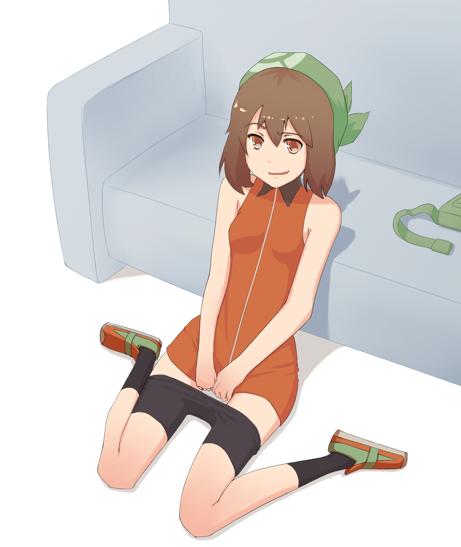 nyonn24, may (pokemon), may (pokemon emerald), nintendo, pokemon, pokemon rse, bad id, bad pixiv id, highres, 00s, 1girl, alternate costume, bandana, bike shorts, bike shorts pull, breasts, brown eyes, brown hair, clothes pull, couch, female focus, green bandana, hat, looking at viewer, on floor, shirt, short hair, shorts, shorts pull, sitting, sleeveless, sleeveless shirt, small breasts, smile, solo, thighs, wariza