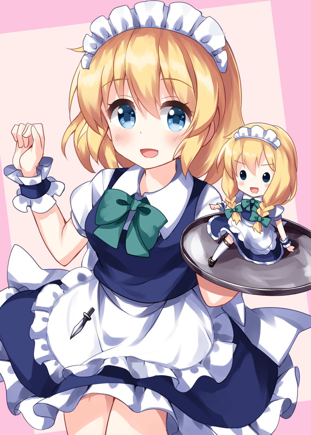 ruu (tksymkw), alice margatroid, izayoi sakuya, shanghai doll, touhou, commentary request, highres, 1girl, apron, arm up, black eyes, black shoes, blonde hair, blue dress, blue eyes, blush, bow, bowtie, braid, breasts, collared shirt, cosplay, doll, dress, green bow, green bowtie, hair between eyes, hair bow, hand up, hands up, izayoi sakuya (cosplay), kneehighs, knife, long hair, looking at viewer, looking to the side, maid, maid headdress, medium breasts, one-hour drawing challenge, pink background, puffy short sleeves, puffy sleeves, shirt, shoes, short hair, short sleeves, smile, socks, solo, standing, tray, twin braids, weapon, white apron, white shirt, white socks, wrist cuffs