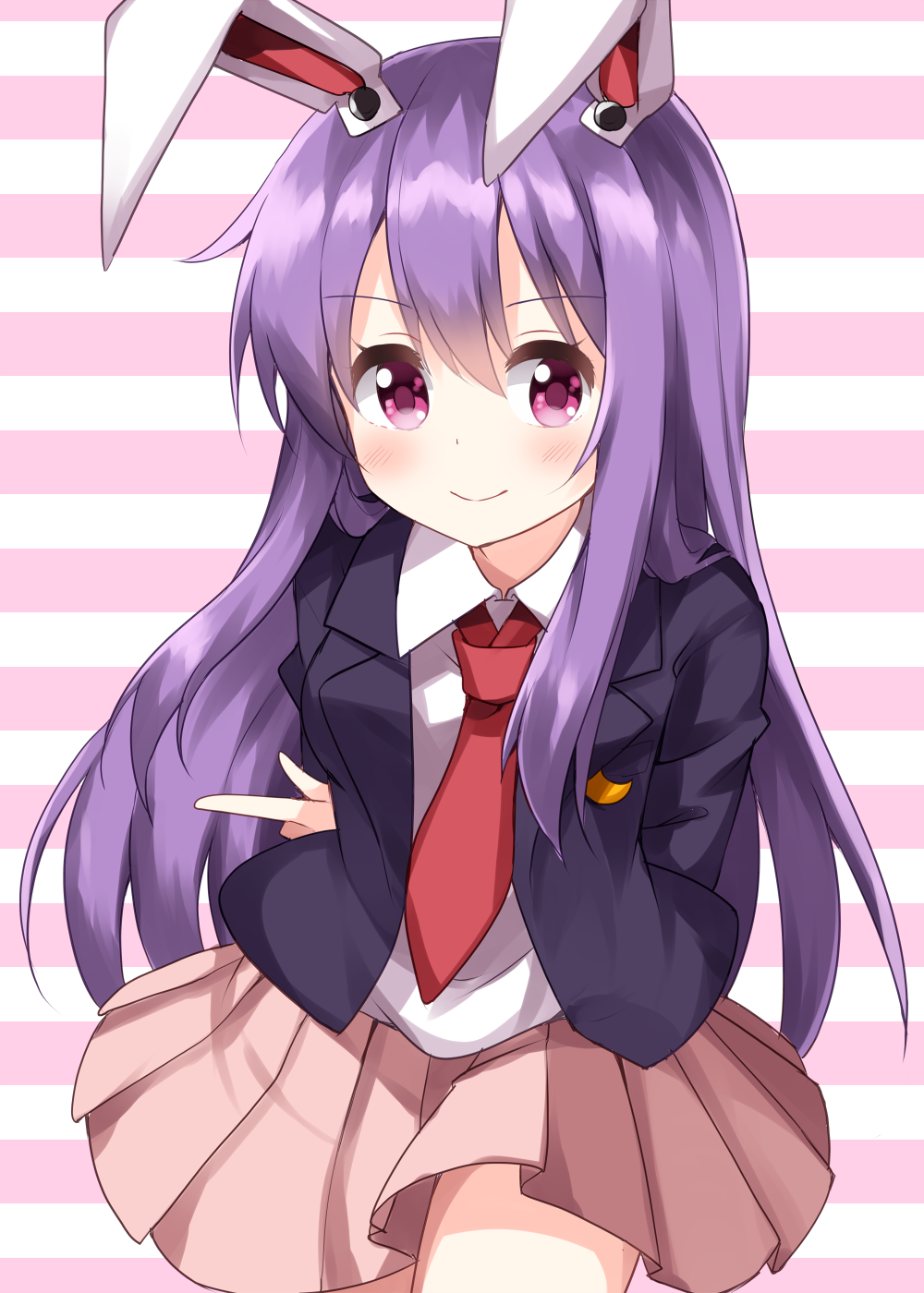 ruu (tksymkw), reisen udongein inaba, touhou, commentary request, highres, 1girl, animal ears, arms behind back, blazer, blush, collared shirt, crescent, crescent pin, finger gun, hair between eyes, jacket, long hair, long sleeves, looking at viewer, necktie, one-hour drawing challenge, pink skirt, pleated skirt, purple hair, rabbit ears, red eyes, red necktie, shirt, skirt, smile, solo, striped background, thighs, white shirt