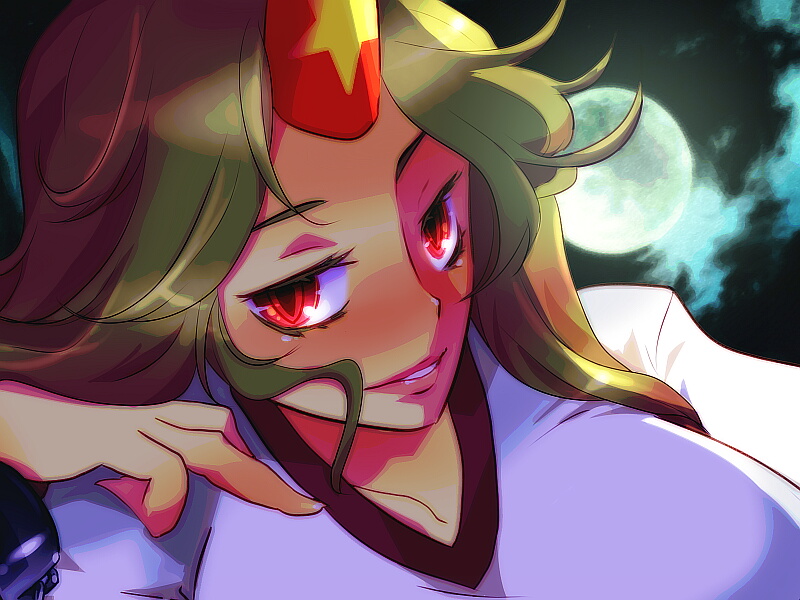 eucrid, hoshiguma yuugi, touhou, 1girl, blonde hair, female focus, horns, long hair, moon, red eyes, single horn, solo