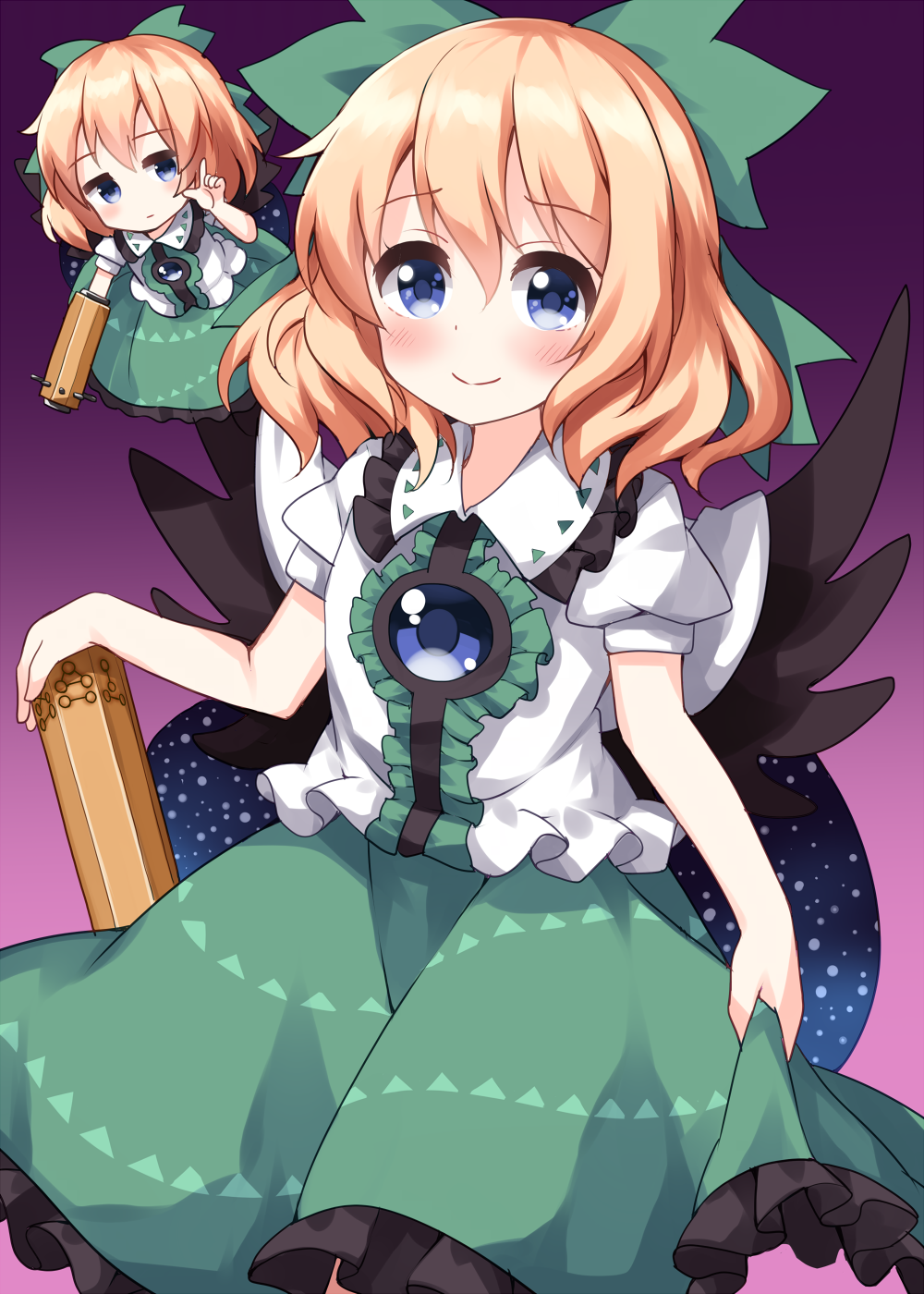 ruu (tksymkw), medicine melancholy, reiuji utsuho, su-san, touhou, commentary request, highres, 1girl, :|, arm cannon, blonde hair, blue eyes, blush, bow, cape, center frills, closed mouth, collared shirt, control rod (touhou), cosplay, feathered wings, frilled shirt collar, frilled skirt, frills, green bow, green skirt, hair between eyes, hair bow, index finger raised, one-hour drawing challenge, puffy short sleeves, puffy sleeves, purple background, reiuji utsuho (cosplay), shirt, short hair, short sleeves, simple background, skirt, smile, third eye, weapon, white cape, white shirt, wings