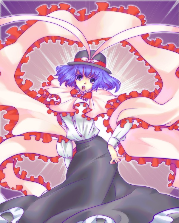 eucrid, nagae iku, touhou, bad id, bad pixiv id, 1girl, blue eyes, blue hair, female focus, hat, shawl, short hair, solo, standing
