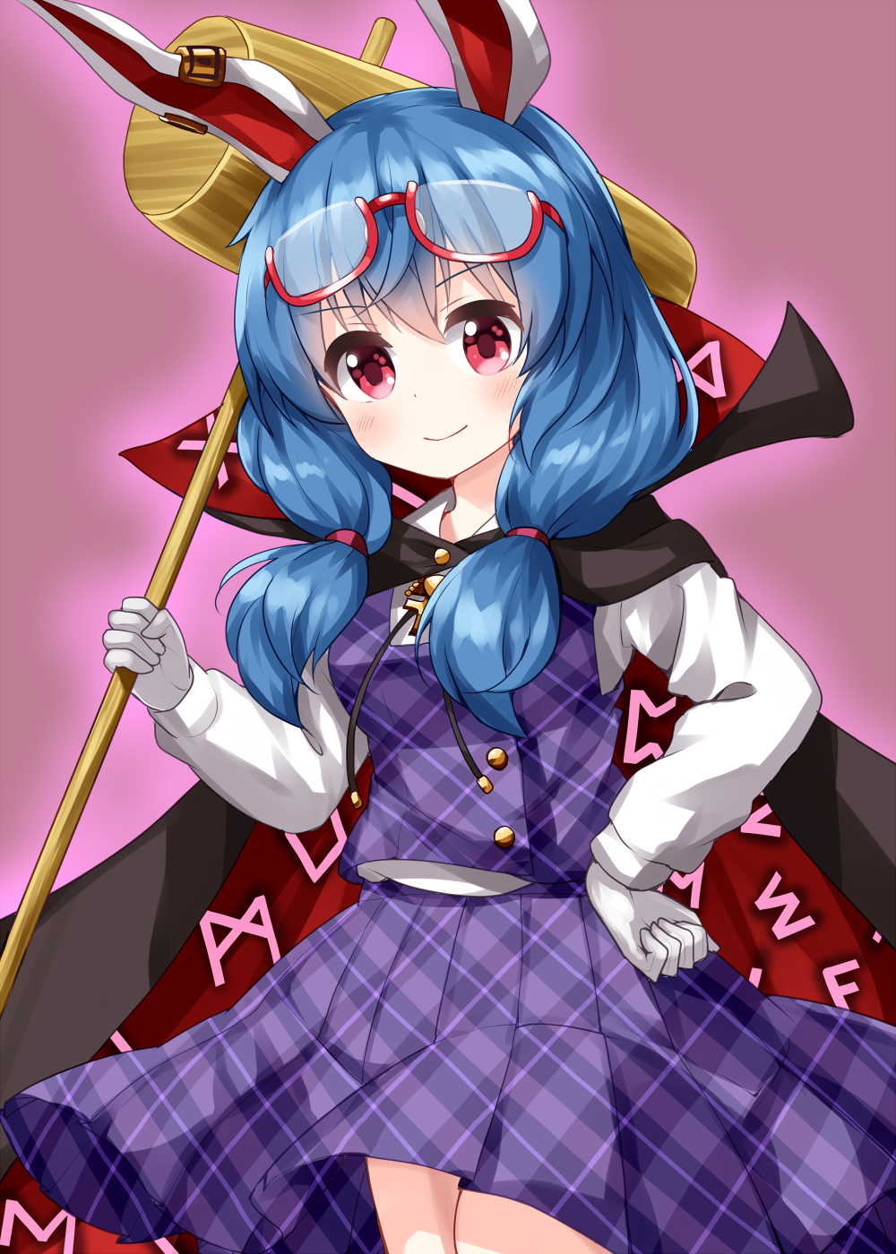 ruu (tksymkw), seiran (touhou), usami sumireko, touhou, commentary request, highres, 1girl, animal ears, black cloak, blue hair, blush, breasts, buttons, cloak, closed mouth, collared shirt, cosplay, eyewear on head, glasses, gloves, hair between eyes, hand on own hip, hand up, long sleeves, looking at viewer, mallet, medium breasts, medium hair, one-hour drawing challenge, pink background, purple skirt, purple vest, rabbit ears, red cloak, red eyes, shirt, short twintails, simple background, skirt, smile, solo, standing, twintails, usami sumireko (cosplay), vest, weapon, white gloves, white shirt