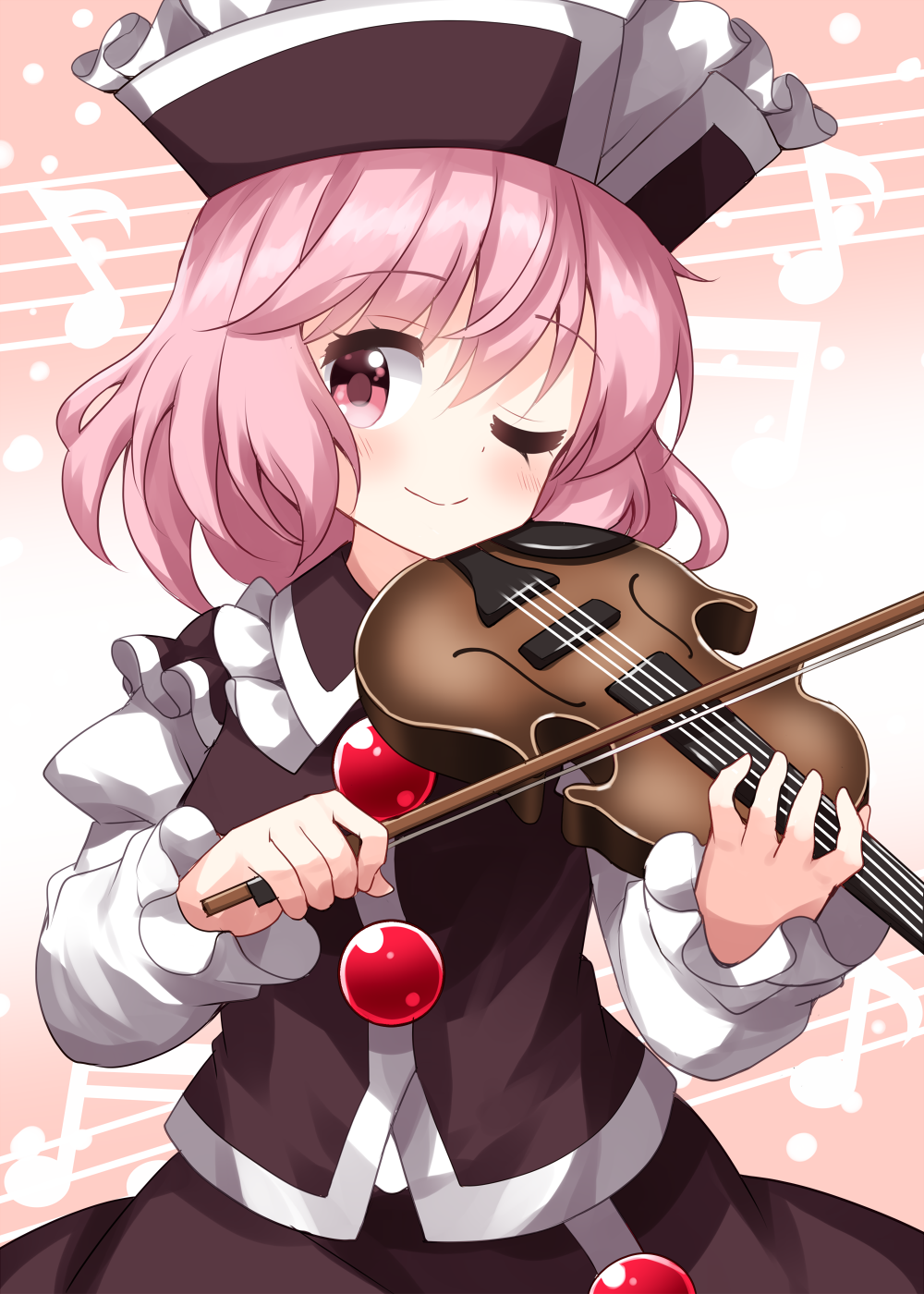 ruu (tksymkw), lunasa prismriver, saigyouji yuyuko, touhou, commentary request, highres, 1girl, black hat, black skirt, black vest, blush, breasts, closed mouth, cosplay, frilled shirt collar, frills, hair between eyes, hat, holding, holding instrument, holding violin, instrument, juliet sleeves, long sleeves, looking at viewer, lunasa prismriver (cosplay), music, musical note, one eye closed, pink background, pink eyes, pink hair, playing instrument, puffy sleeves, short hair, simple background, skirt, small breasts, smile, solo, vest, violin