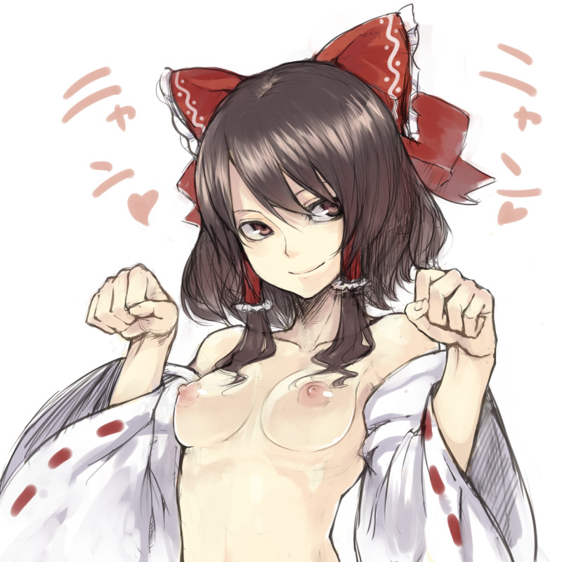 miya9, hakurei reimu, touhou, 1girl, bow, breasts, brown hair, collarbone, detached sleeves, female focus, hair bow, nipples, nude, nyan, paw pose, red eyes, short hair, sketch, smile, solo