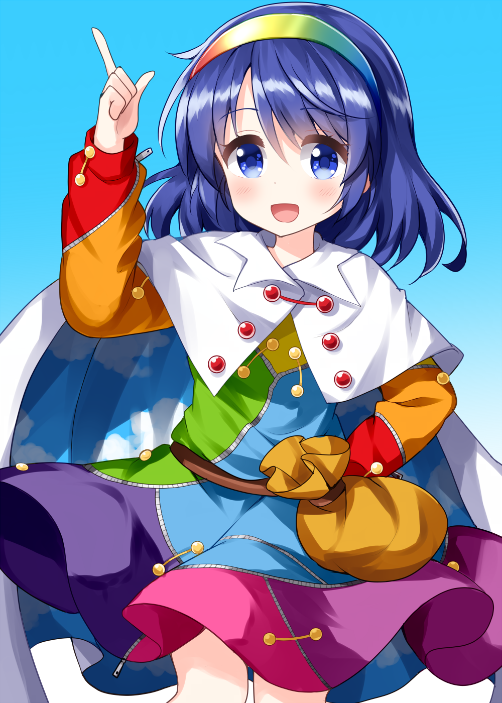 ruu (tksymkw), tenkyuu chimata, touhou, commentary request, highres, 1girl, belt, blue background, blue eyes, blue hair, blush, cape, cloak, dress, gradient background, hairband, long sleeves, multicolored dress, multicolored hairband, one-hour drawing challenge, open mouth, patchwork clothes, pointing, pointing up, rainbow gradient, short hair, simple background, sky print, solo, standing, two-sided cape, two-sided fabric, white cape, zipper