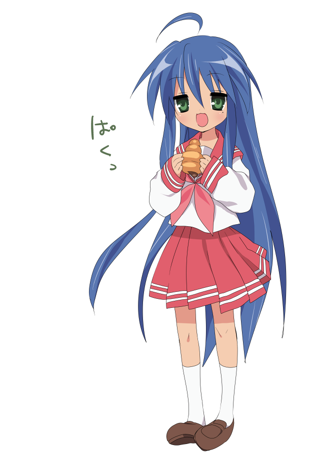 tokira nozumi, izumi konata, lucky star, 00s, 1girl, ahoge, blue hair, chocolate cornet, female focus, food, green eyes, long hair, mole, mole under eye, open mouth, school uniform, serafuku, solo