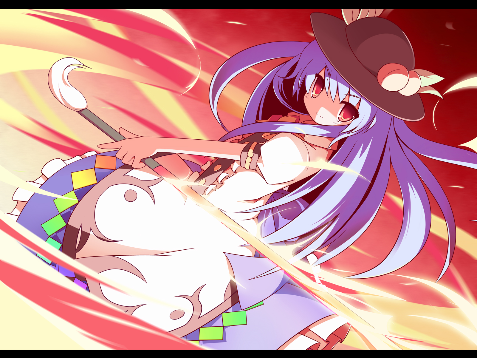 miko machi, hinanawi tenshi, touhou, highres, 1girl, blue hair, female focus, food, fruit, hat, letterboxed, long hair, peach, red eyes, solo, standing, sword, sword of hisou, weapon