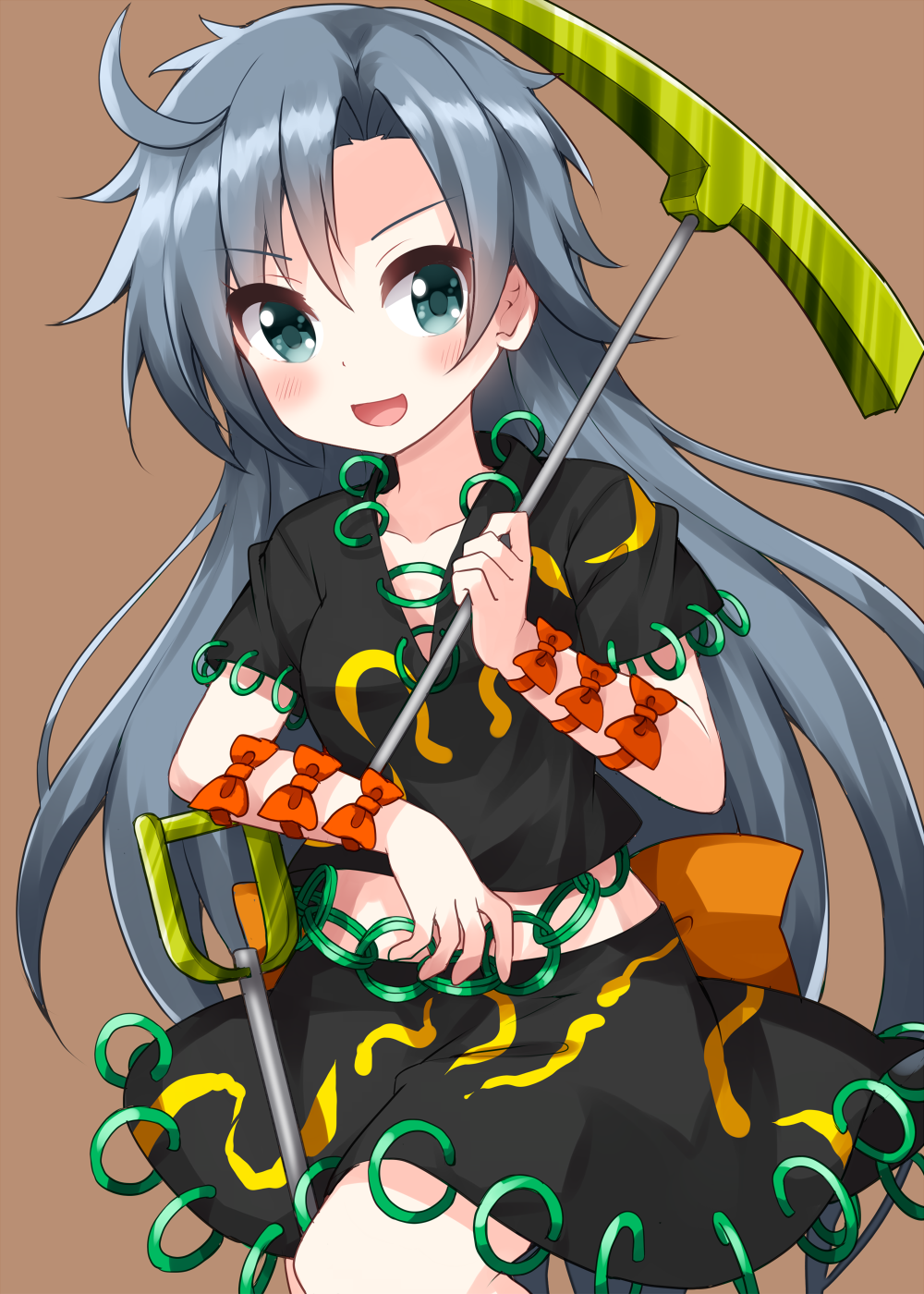 ruu (tksymkw), himemushi momoyo, touhou, commentary request, highres, 1girl, ahoge, aqua eyes, arm ribbon, blue hair, bow, collarbone, crop top, green shirt, green skirt, holding, holding pickaxe, holding shovel, long hair, looking at viewer, midriff, one-hour drawing challenge, open mouth, orange bow, pickaxe, ribbon, shirt, short sleeves, shovel, skirt, solo, tools, very long hair