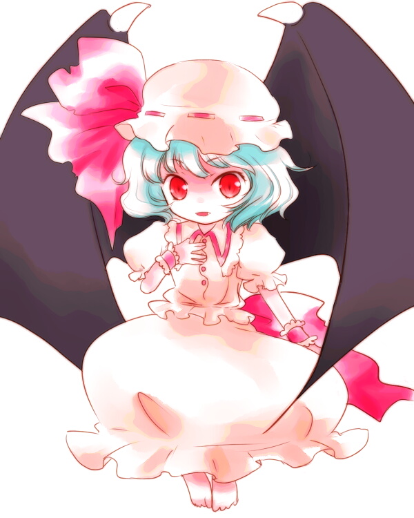eucrid, remilia scarlet, touhou, 1girl, bat wings, blue hair, female focus, full body, hat, red eyes, short hair, simple background, solo, white background, wings